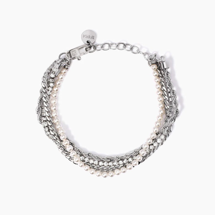 Bracciale catene con perle e tennis di cristalli bianchi