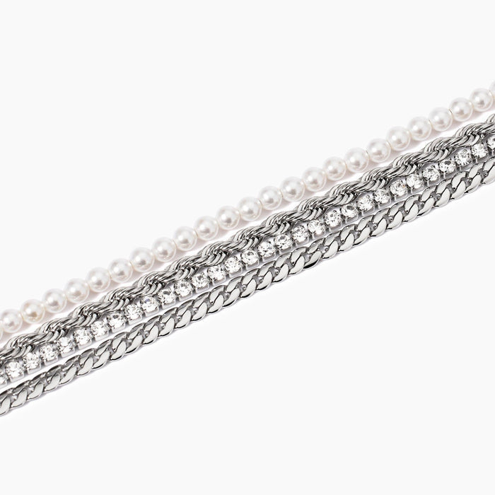 Bracciale catene con perle e tennis di cristalli bianchi