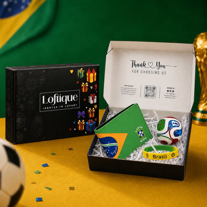 Celebrate the passion, colour, and unforgettable spirit of Brazilian football with the Brazil Glory Gift Box. Beautifully arranged inside Loftique’s premium ready-to-gift box, this exciting collection brings together a Brazil-themed wallet, matching silicone wristband, and flag-inspired keychain in one complete surprise.