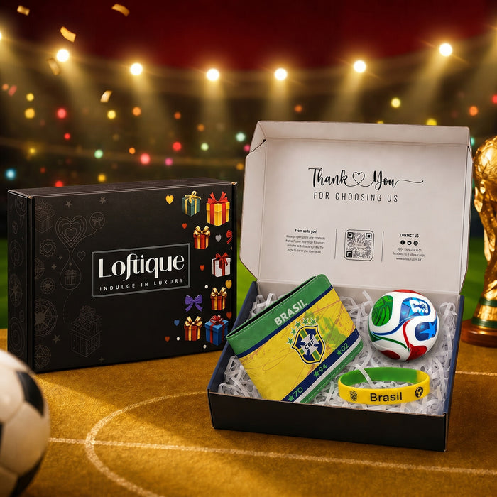 Here’s the all-in-one gift box description:

Brazil Glory Gift Box ✨

Bring the excitement of football and the vibrant spirit of Brazil into one unforgettable surprise with the Brazil Glory Gift Box. Thoughtfully arranged inside Loftique’s premium ready-to-gift box, this special collection includes a Brazil-themed wallet, matching wristband, and flag-inspired keychain, creating the perfect combination for a passionate Seleção supporter.