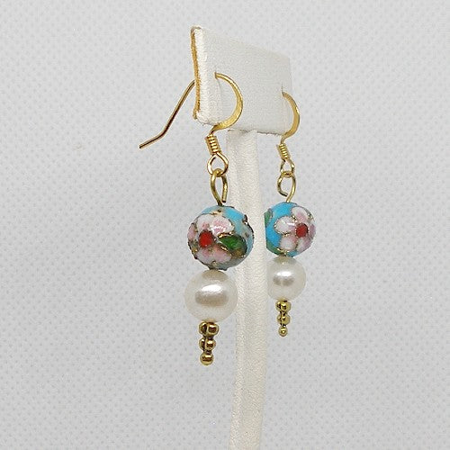 Cloisonne and Pearl Earrings