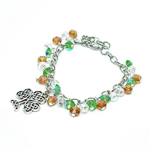 Colorful beaded bracelet with a silver charm on a white background