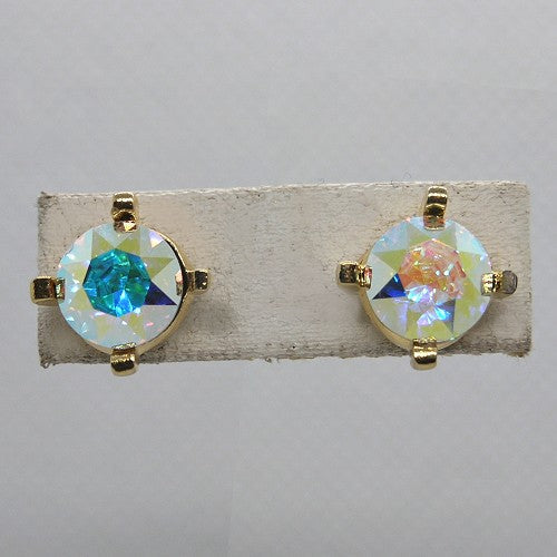 Pair of earrings with iridescent crystals on a white card