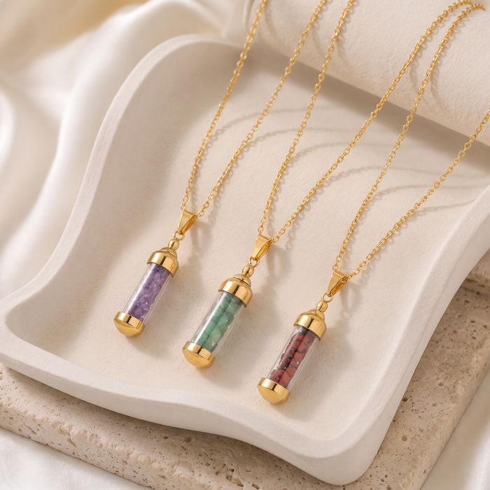 Dreamy, unique, and filled with a little touch of magic, the Crystal Wish Necklace is made for someone who loves meaningful jewelry with a playful gemstone-inspired look. Featuring a slim transparent capsule filled with colorful crystal-style gravel, this necklace adds a delicate pop of color while keeping the overall design clean, modern, and easy to wear.