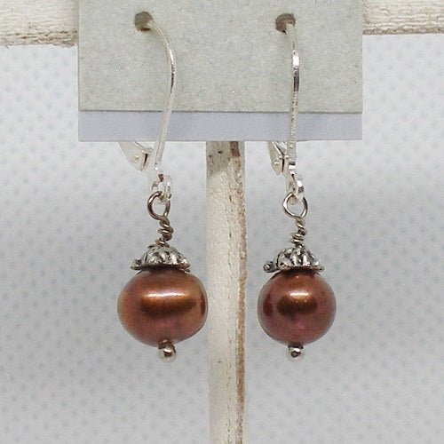 Pair of earrings with brown beads and silver hooks on a light gray background