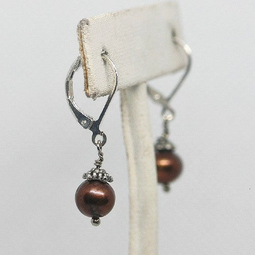 Pair of earrings with brown beads on a white background