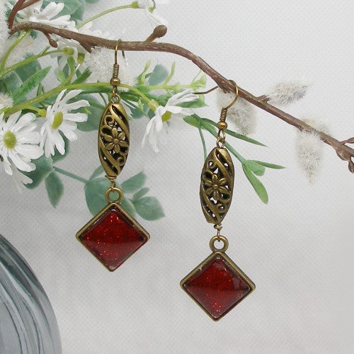 Deep Red and Bronze Dangle Earrings