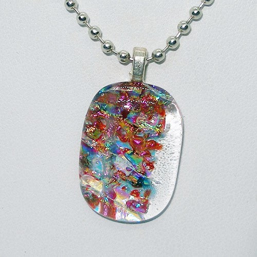 Multicolored glass pendant on a silver chain against a white background