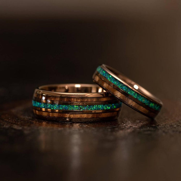 "Dionysis" Womens Tungsten Carbide Ring- Smoked Rose Gold X Blue/Green Opal- 5mm-Rings By Lux