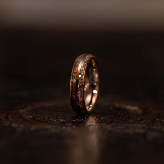 "Dionysis" Womens Tungsten Carbide Ring- Smoked Rose Gold X Rasta Opal- 5mm-Rings By Lux