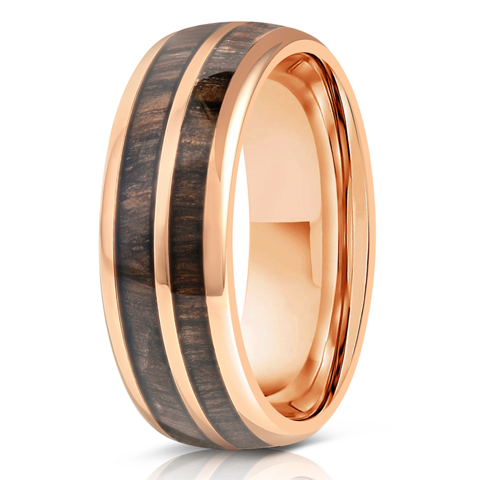 "Dionysus"  Ancient Bog Oak Double Barrel Rose Gold Tungsten Ring
