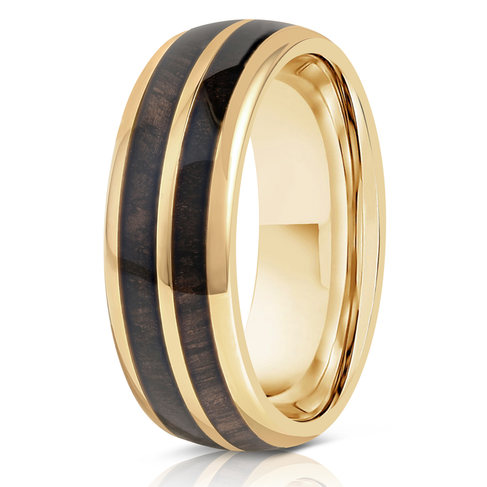 "Dionysus"  Ancient Bog Oak Double Barrel Yellow Gold Tungsten Ring