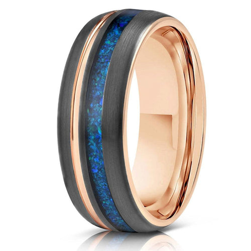 "Dionysus" Black x Blue Opal Rose Gold Tungsten Ring-Rings By Lux