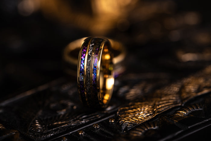 "Dionysus" Domed Nebula Ring- Meteorite and Opal- Gold 6mm/8mm