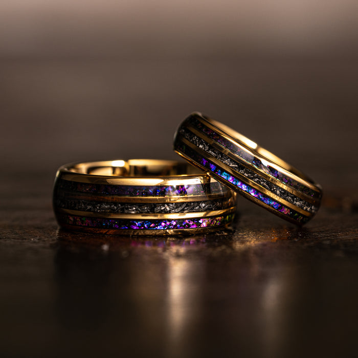 "Dionysus" Domed Nebula Ring- Meteorite and Opal- Gold 6mm/8mm