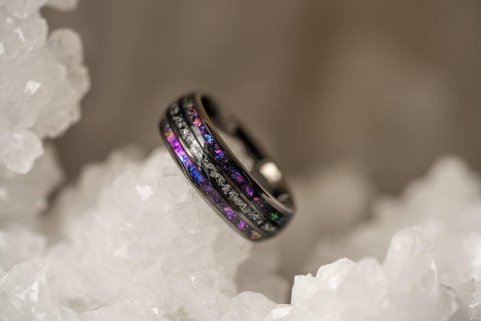 "Dionysus" Domed Nebula Ring- Meteorite and Opal- Gunmetal 6mm/8mm