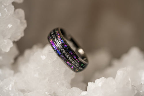 "Dionysus" Domed Nebula Ring- Meteorite and Opal- Gunmetal 6mm/8mm