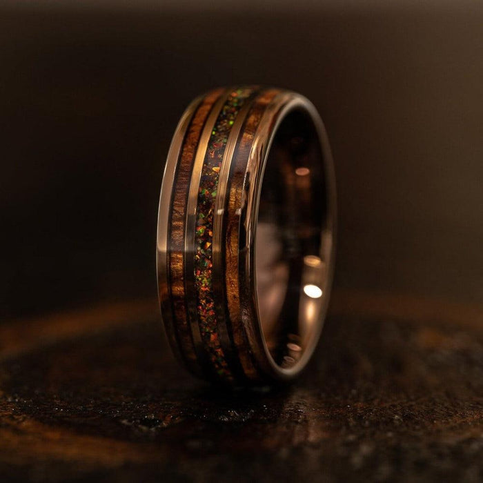 "Dionysus" Hawaiian Koa Wood x Rasta Opal Rose Gold Tungsten Ring-Rings By Lux