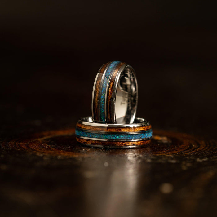 "Dionysus"  Koa x Blue-Green Opal Silver Tungsten Ring