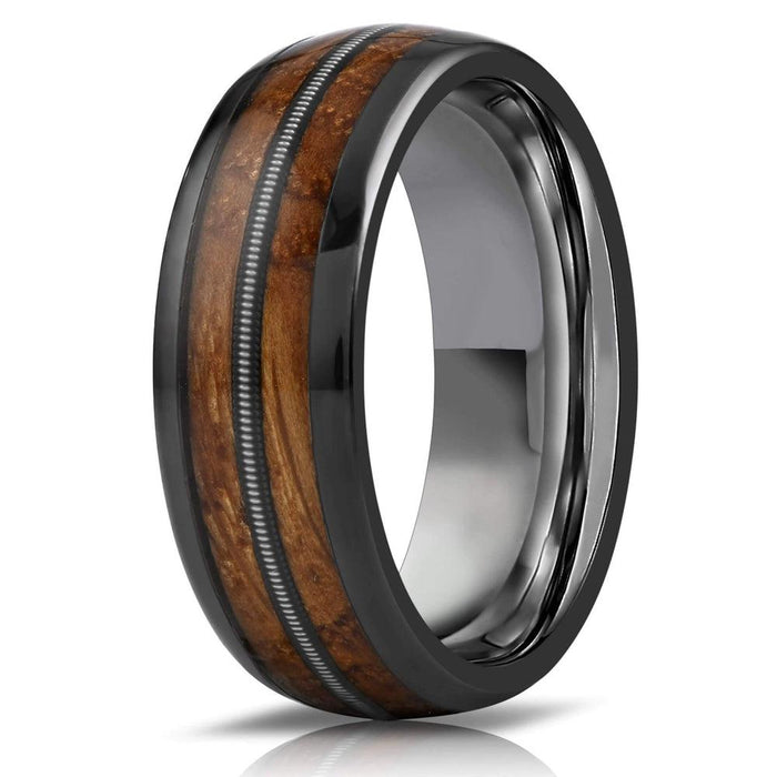 "Dionysus" Whisky Barrel Wood x Guitar String Ring- Gunmetal Tungsten-Rings By Lux