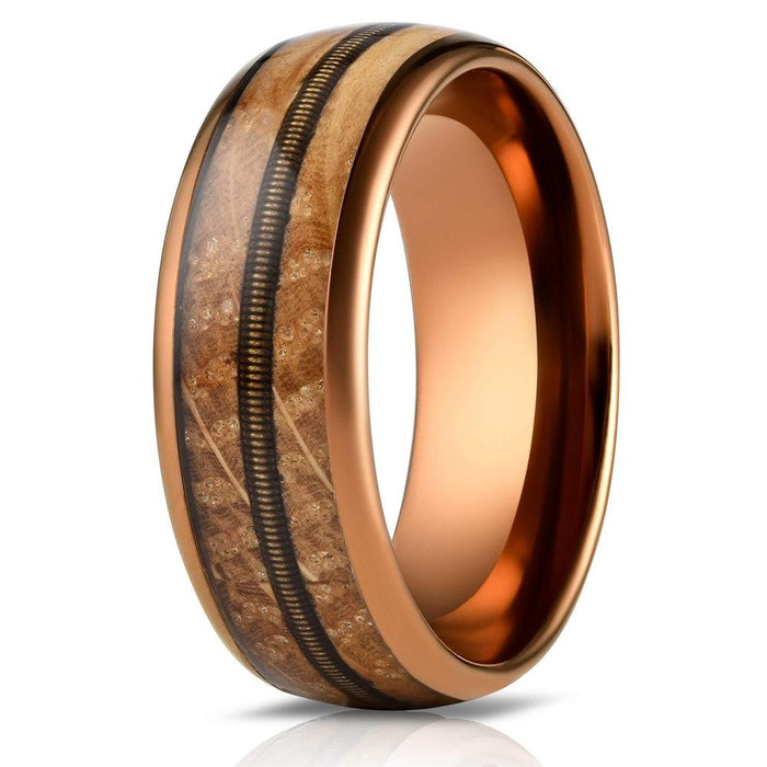 "Dionysus" Whisky Barrel Wood x Guitar String Ring- Rose Gold Tungsten-Rings By Lux