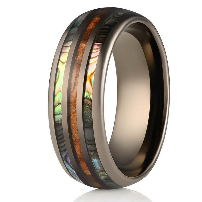 "Dionysus" Whisky Barrel x Double Abalone Shell Gunmetal Tungsten Ring-Rings By Lux