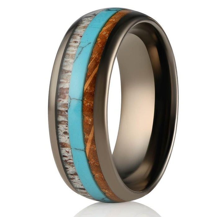 "Dionysus" Whisky Barrel x Turquoise x Naturally Shed Antler Gunmetal Tungsten Ring- Domed-Rings By Lux