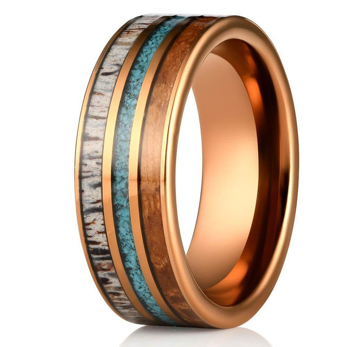 "Dionysus" Whisky Barrel x Turquoise x Naturally Shed Antler Rose Gold Ring- Flat-Rings By Lux