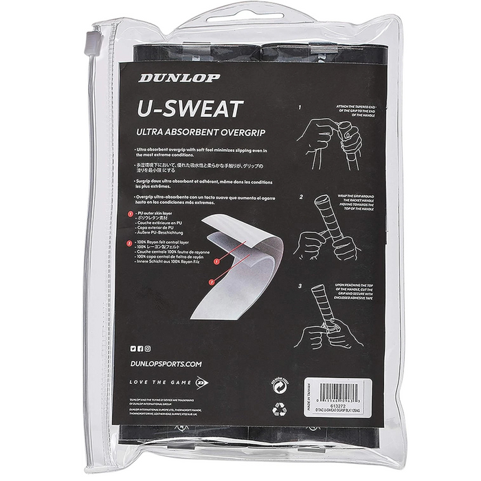 Dunlop U Sweat Overgrip, 12 Pack - Black