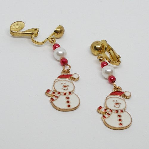 Enameled Snowman Clip on Earrings