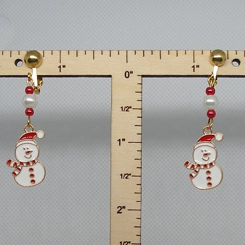 Enameled Snowman Clip on Earrings