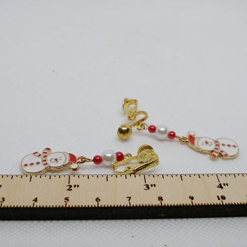 Enameled Snowman Clip on Earrings