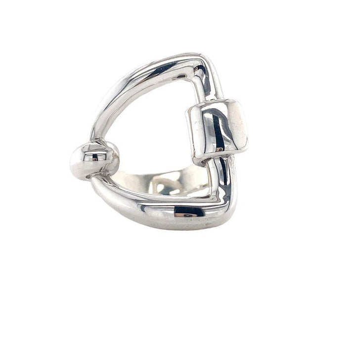 photo of a silver horse bit themed ring  on a white background