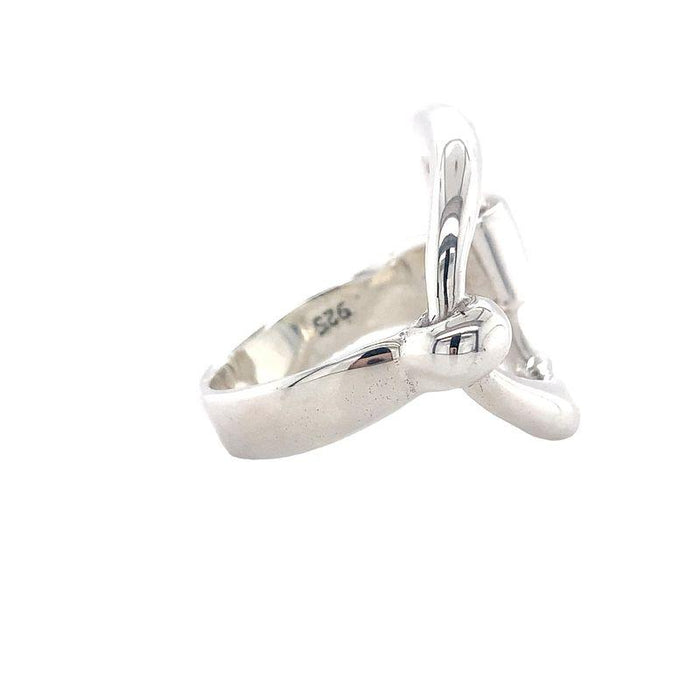 photo of a silver horse bit themed ring  on a white background side view
