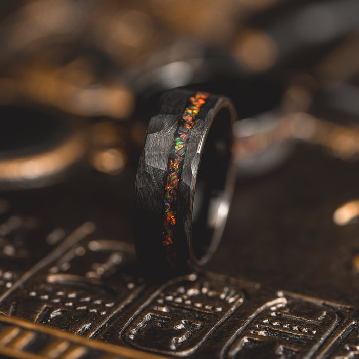 "Fire Root"  Rasta Opal x Brushed Hammered Tungsten Carbide- Black