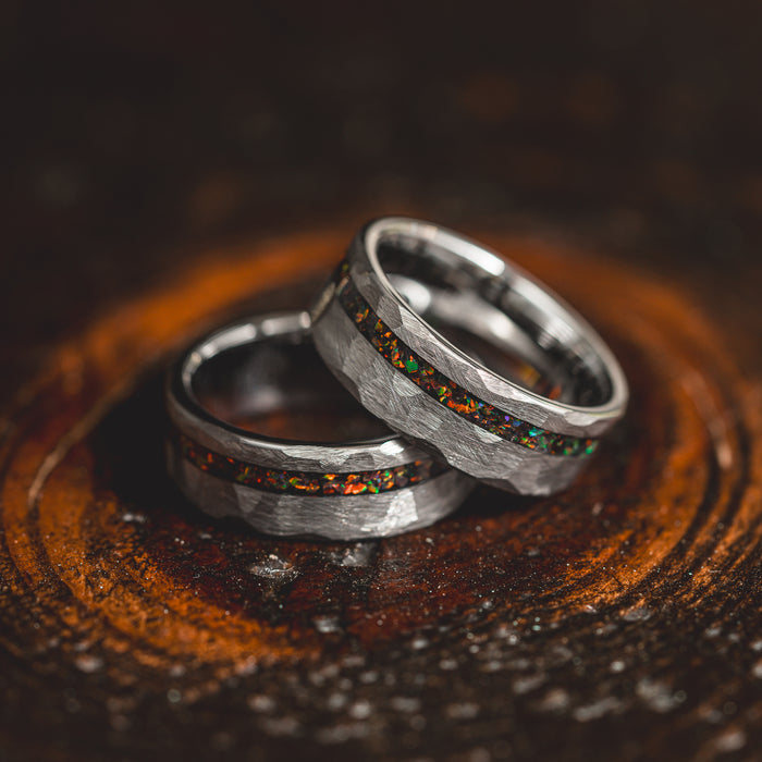 "Fire Root"  Rasta Opal x Brushed Hammered Tungsten Carbide- Silver