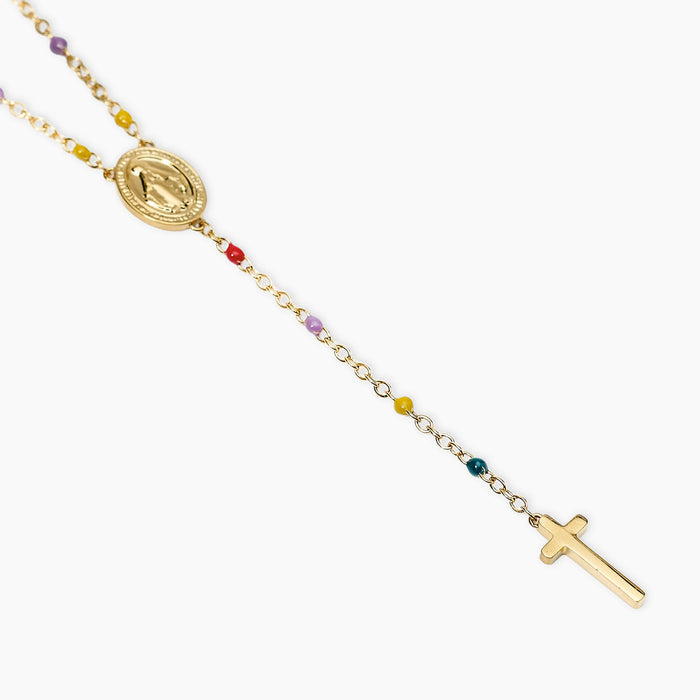 Collana dorata multicolor con Madonnina e pendente croce