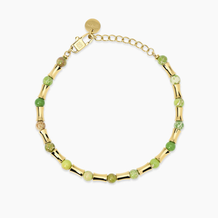 Bracciale dorato con elementi bambù e diaspri verdi