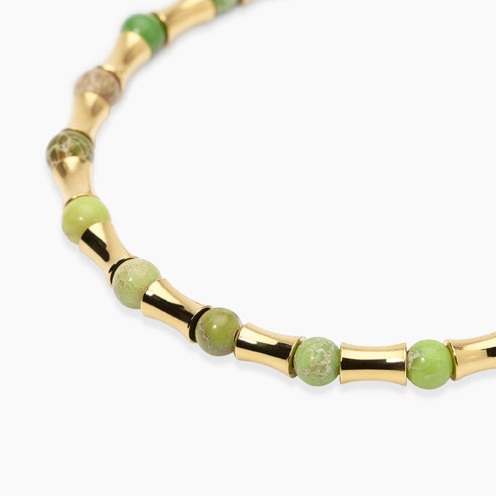 Bracciale dorato con elementi bambù e diaspri verdi