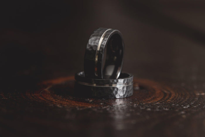 "Hades" Hammered Black Zirconium x Silver Strip- 8mm