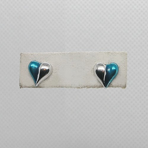 Pair of heart-shaped earrings with blue and silver finish on a white card.