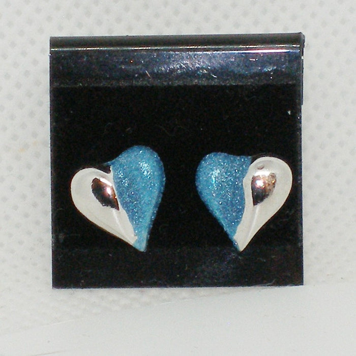 Half Blue Sparkle Heart Stud Earrings