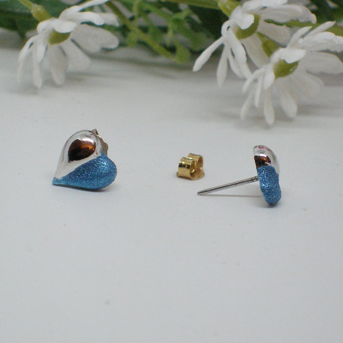Half Blue Sparkle Heart Stud Earrings