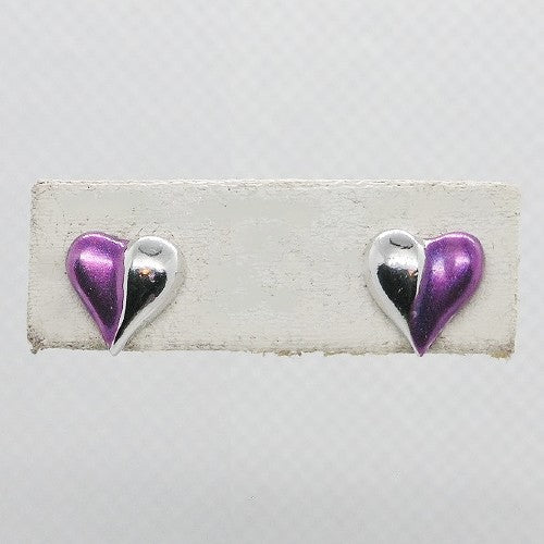 Heart-shaped earrings with purple and silver colors on a white background