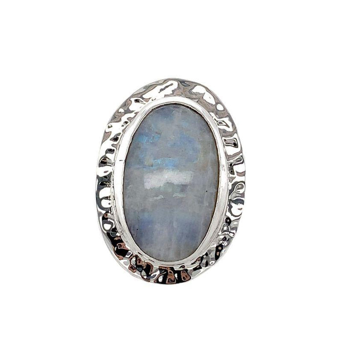 Photo of  a silver oval white moonstone ring on a white background