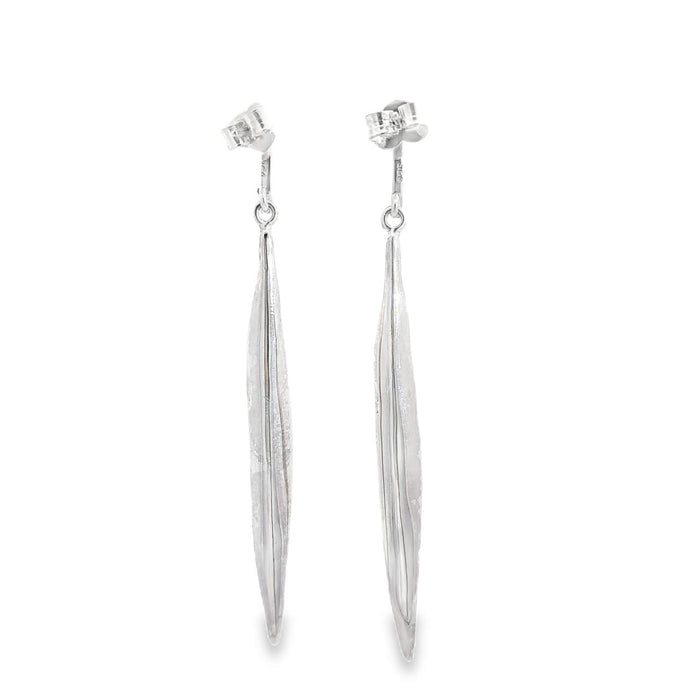 photo of a pair of long slender matte finished earrings on a white background rear view