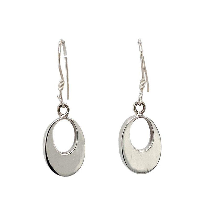 photo of a silver oval drop earring with an opening in the middle  ona white background
