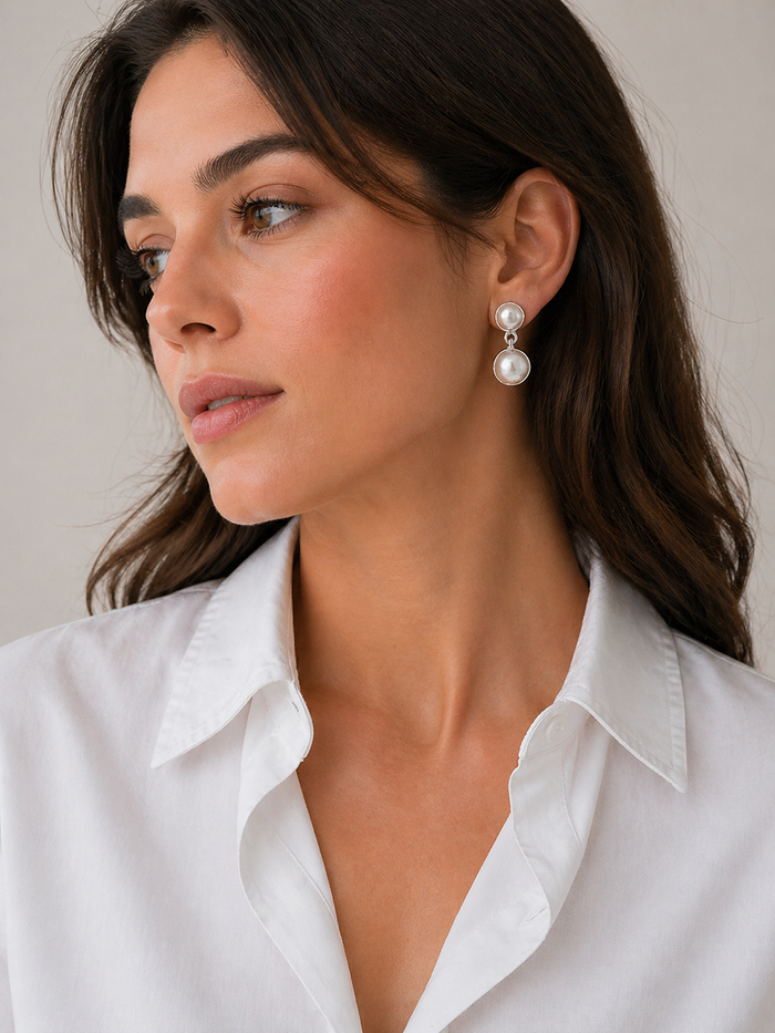 Handcrafted Sterling Silver Bezel Drop Earrings with Pearls - 30mm x 13mm, Unique Design