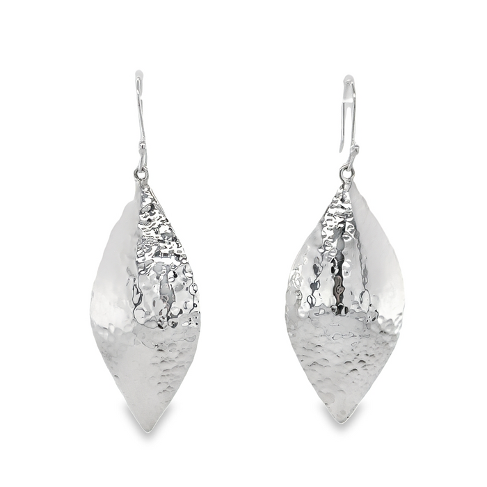 photo of a bold hammered marquis sterling silver dangle earring on a white background