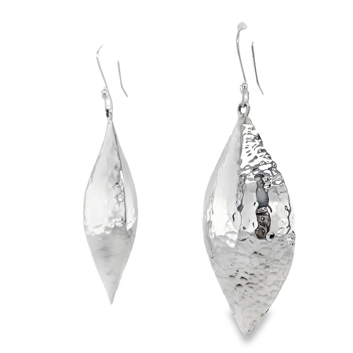 photo of a bold hammered marquis sterling silver dangle earring on a white background